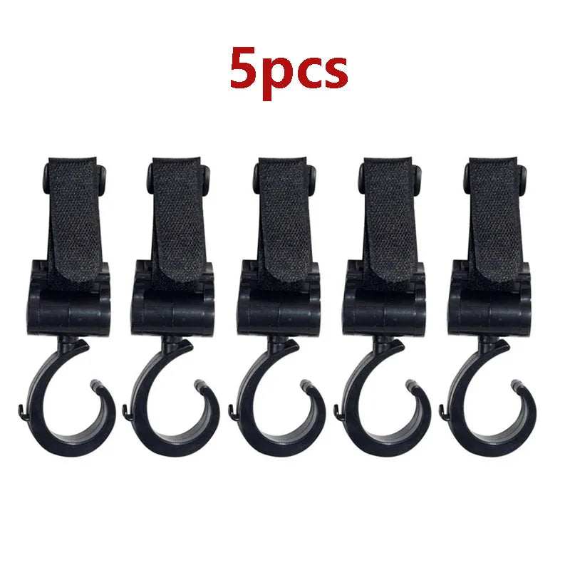 Five black universal multi-purpose stroller hooks for shopping and baby bags