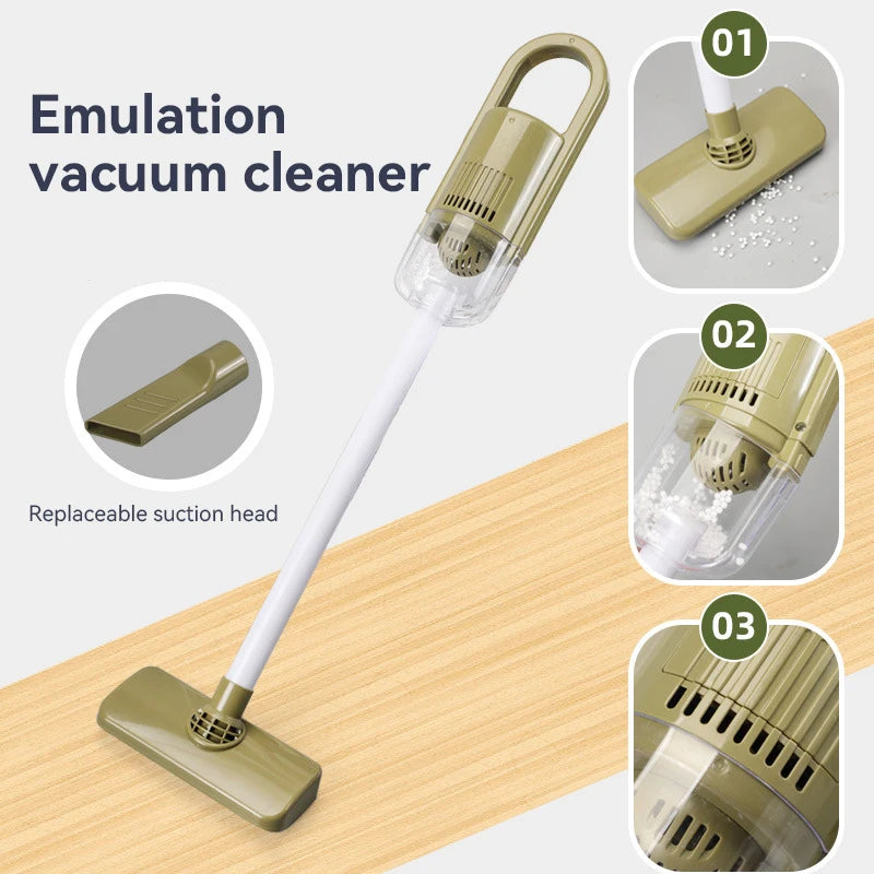 A cleaning tool set featuring an emulation vacuum cleaner with a replaceable suction head and storage rack.
