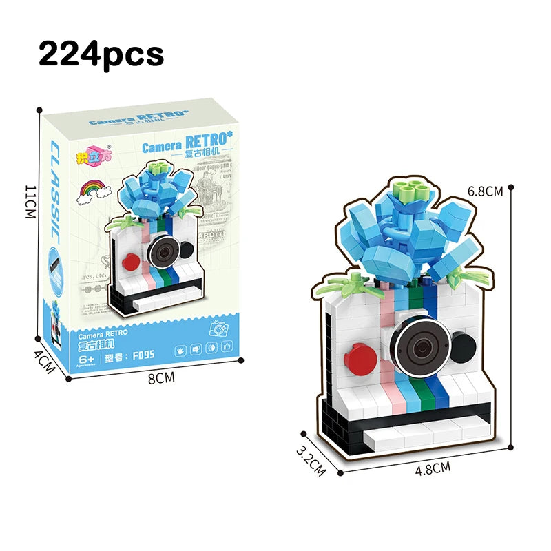 Retro Camera Building Blocks Set with Flower Bonsai Design