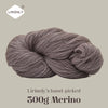 A ball of grey Merino wool yarn labeled as Lirisnly's hand-picked 300g Merino.
