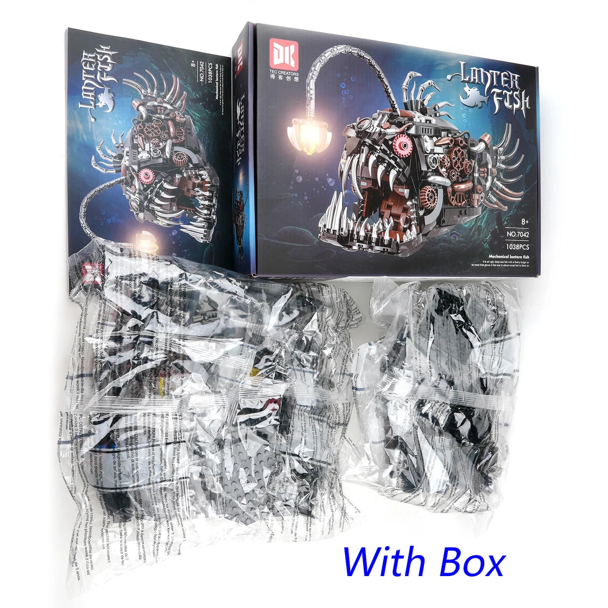 A box and plastic bag containing a mechanical lantern fish building set model kit.
