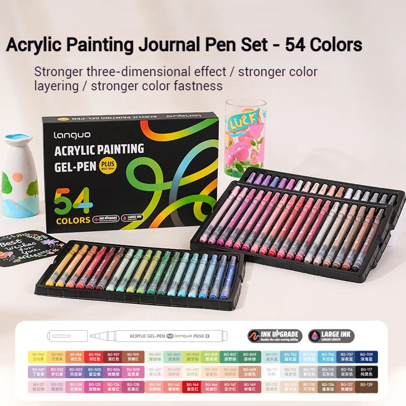 A set of 54 acrylic gel pens in various colors displayed next to the packaging and a glass container.