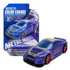 A purple and yellow pull-back racing car model demonstrating a color change effect.