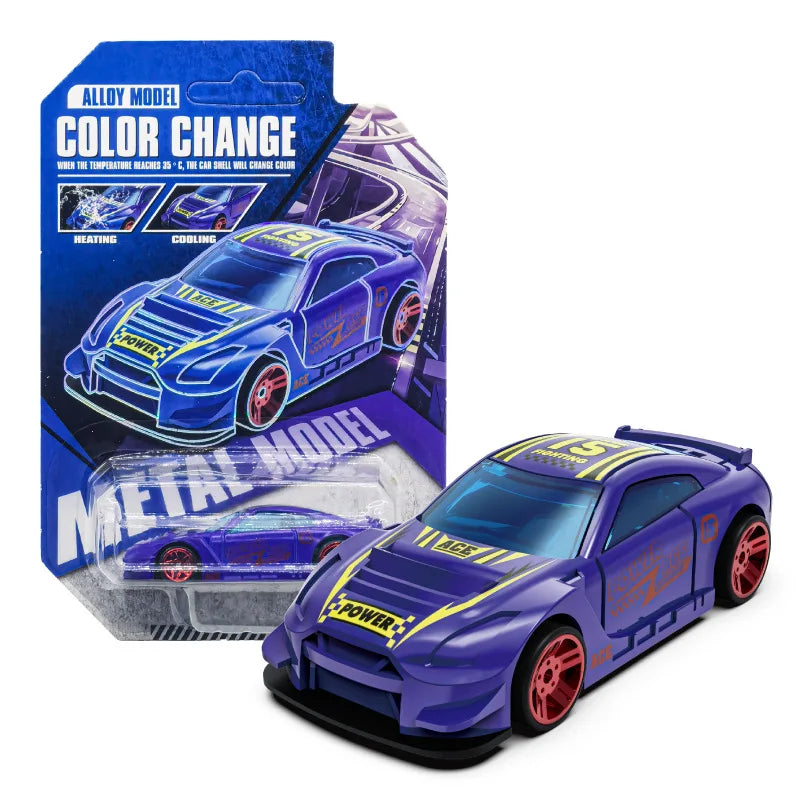 A purple and yellow pull-back racing car model demonstrating a color change effect.