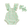 A light green romper set for a baby girl featuring a floral pattern and matching bow