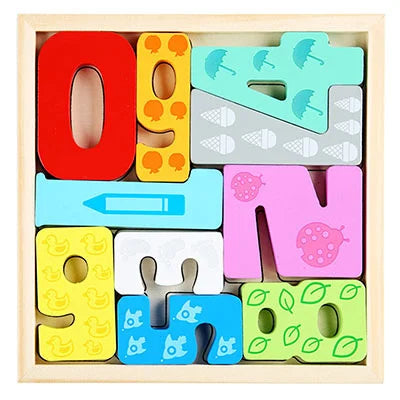 A wooden tangram puzzle board featuring colorful geometric shapes in various shades of orange, green, pink, and blue.