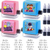 A set of pink and blue math roller stamps for practicing addition, subtraction, multiplication, and division skills.