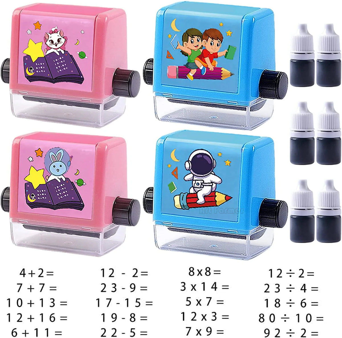 A set of pink and blue math roller stamps for practicing addition, subtraction, multiplication, and division skills.