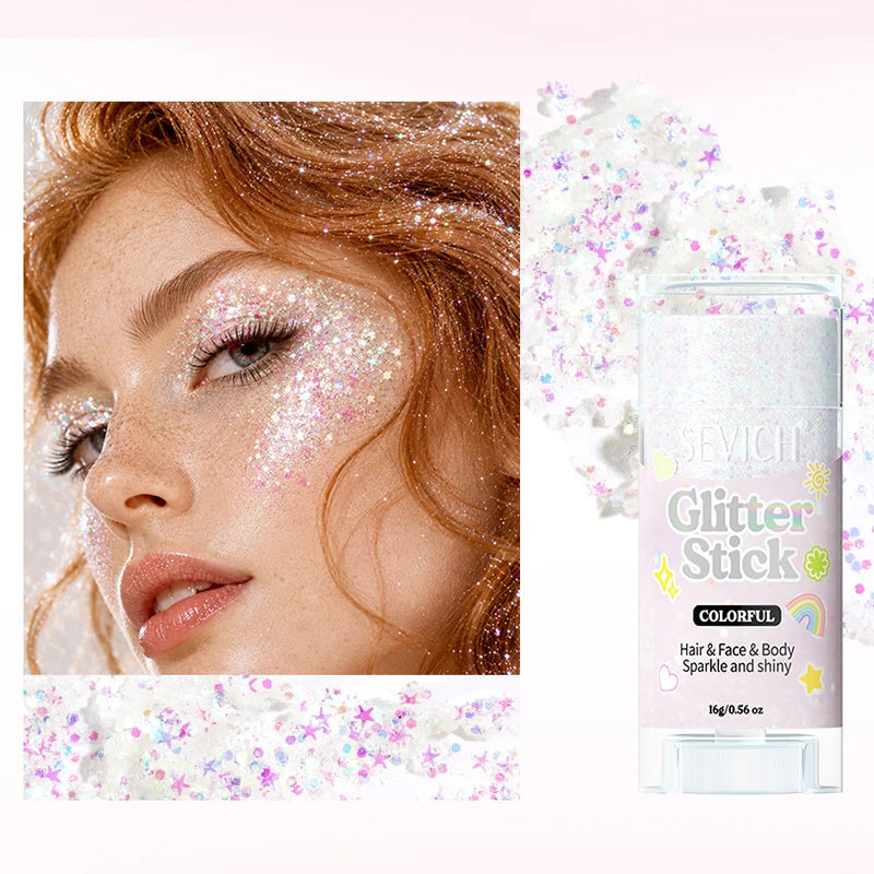 A tube of Colorful Glitter Stick with pink and gold sparkles next to a close-up of a woman's face covered in glitter.