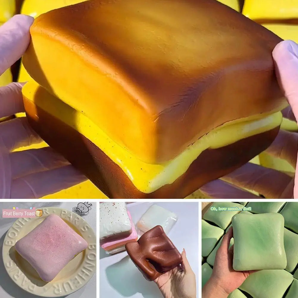 A close-up of a squishy toast stress relief toy in pink and brown colors being held by a hand.
