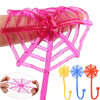 Pink stretchy sticky climbing spider web toy set with a long stick and various colored webs