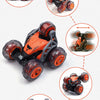 A 2.4G remote control stunt car with five wheels shown from multiple angles and close-ups.
