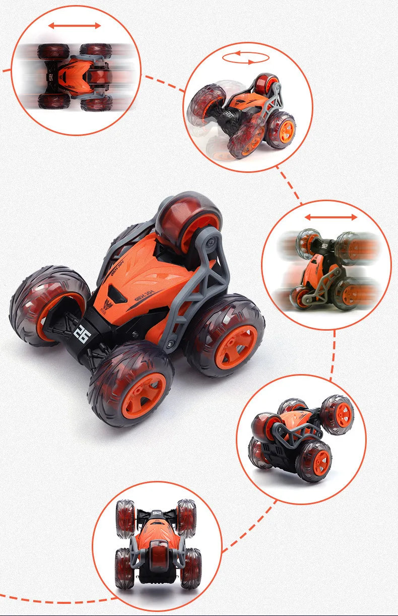 A 2.4G remote control stunt car with five wheels shown from multiple angles and close-ups.