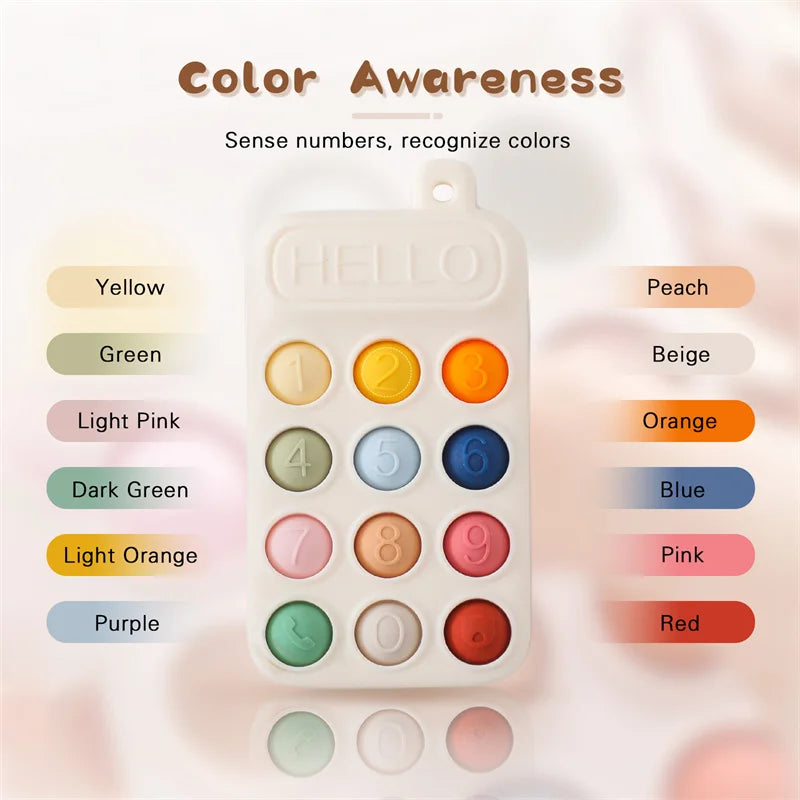 A silicone baby teether toy with numbered color discs for color awareness learning.