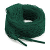 A spool of dark green flat elastic silk lace shoelaces coiled on a white background.