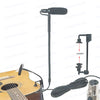 A black clip-on condenser microphone with a gooseneck is shown next to an acoustic guitar.