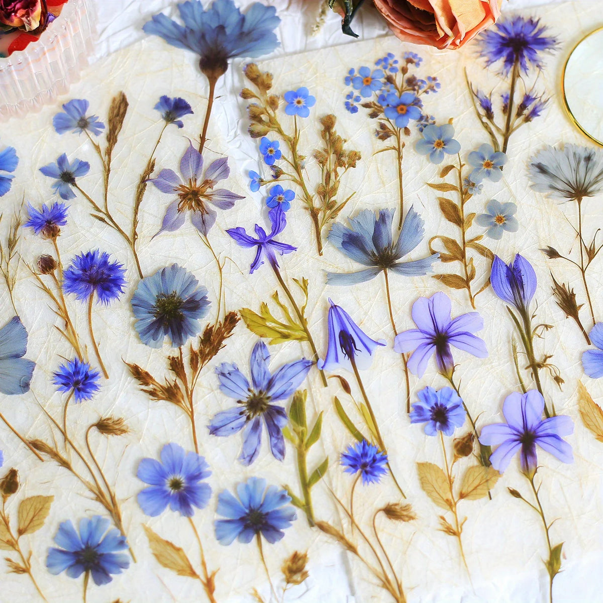 A collection of 50 transparent blue and purple floral stickers printed on parchment paper for journals and crafts.