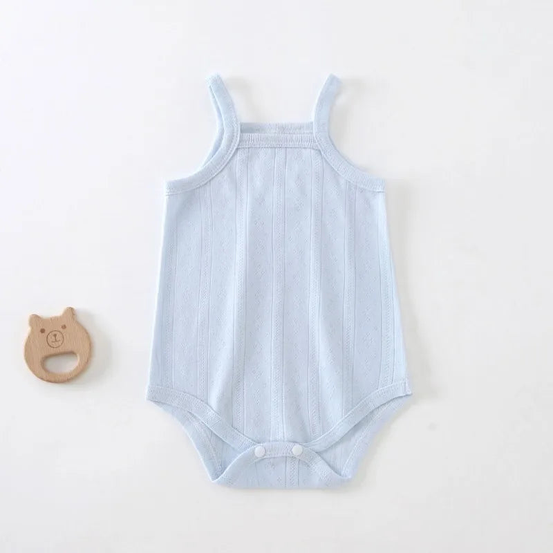 Light blue lightweight cotton strappy romper for babies