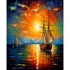Oil painting depicting a sailboat silhouetted against a vibrant orange sunset over the ocean.