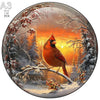 A jigsaw puzzle depicting a vibrant orange bird in a snowy forest setting with warm sunset light.