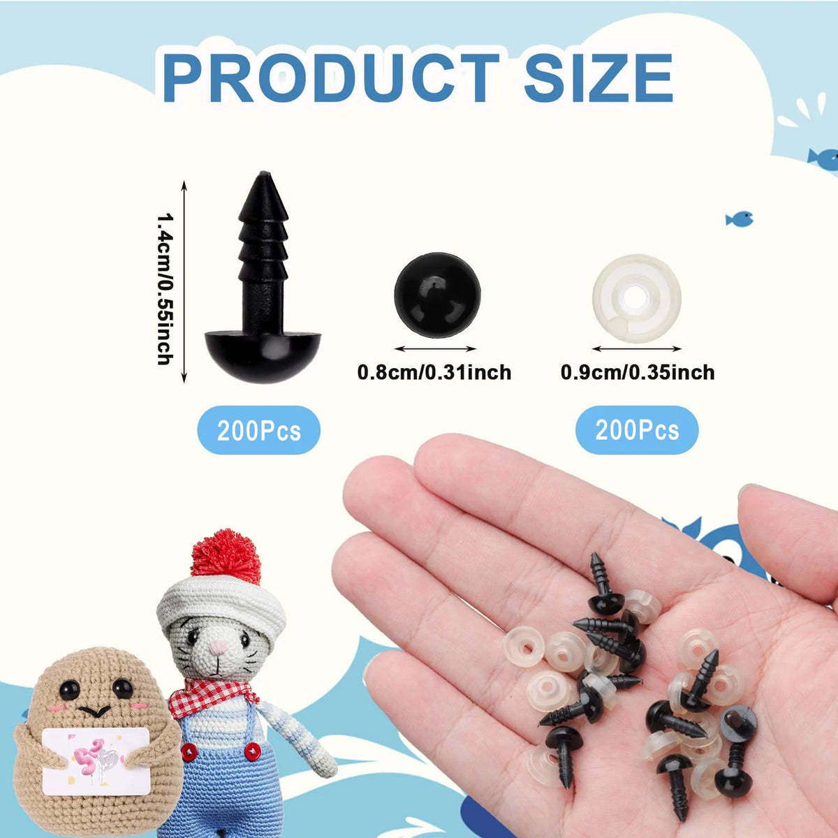 8mm Safety Eyes for Crochet Amigurumi – 200 Sets with Washers