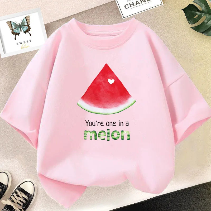 Pink sweatshirt featuring a watermelon graphic and the text You're one in a melon