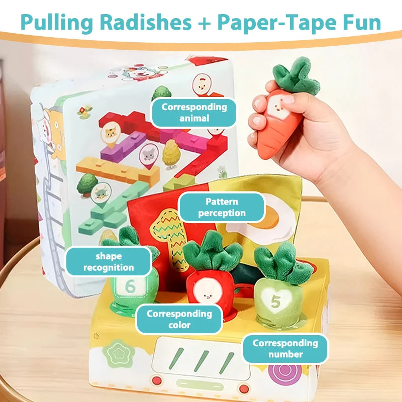 A sensory toy box featuring radish shapes and paper tape for pulling fun, including corresponding animals, pattern perception