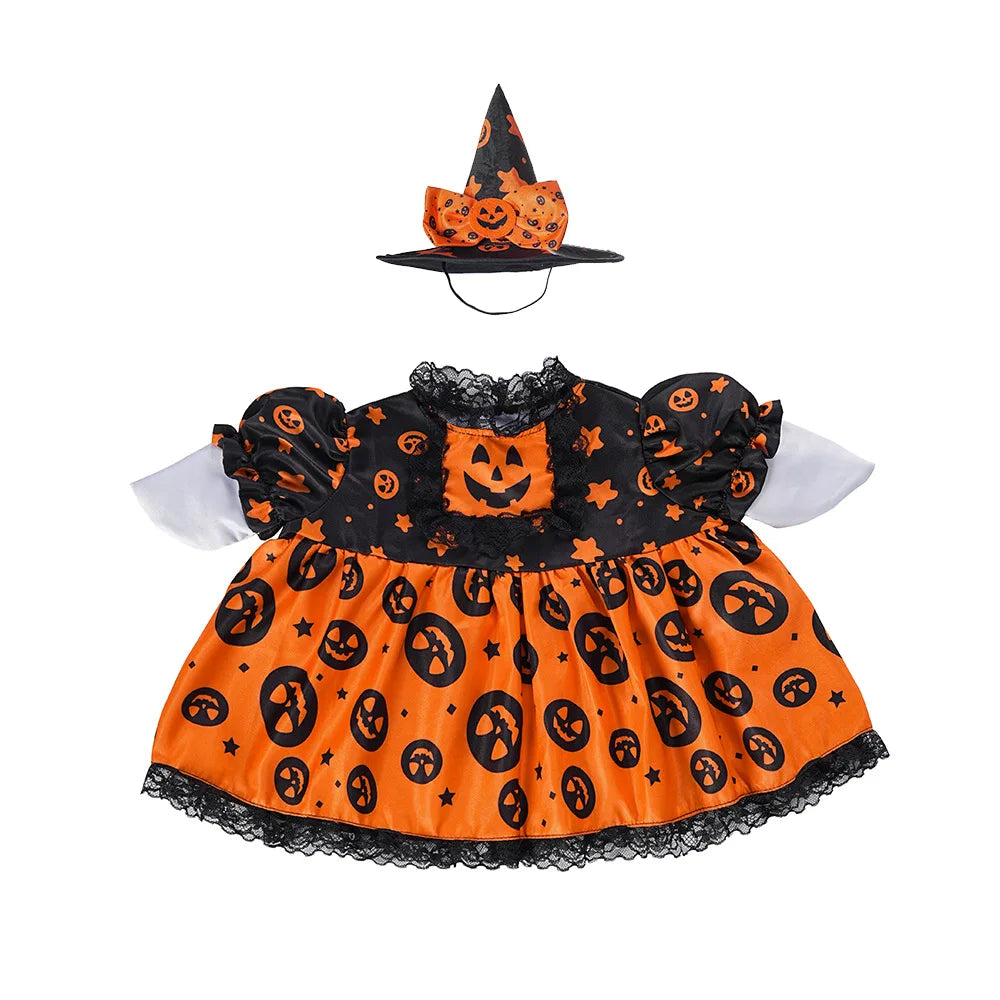 An orange festive porch goose costume featuring a witch hat and seasonal decor.