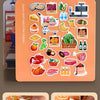 An orange sticker book for kids featuring various food shapes and scenes for shape matching activities.