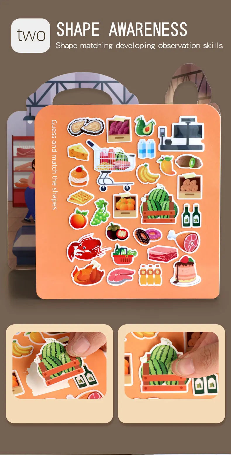 An orange sticker book for kids featuring various food shapes and scenes for shape matching activities.
