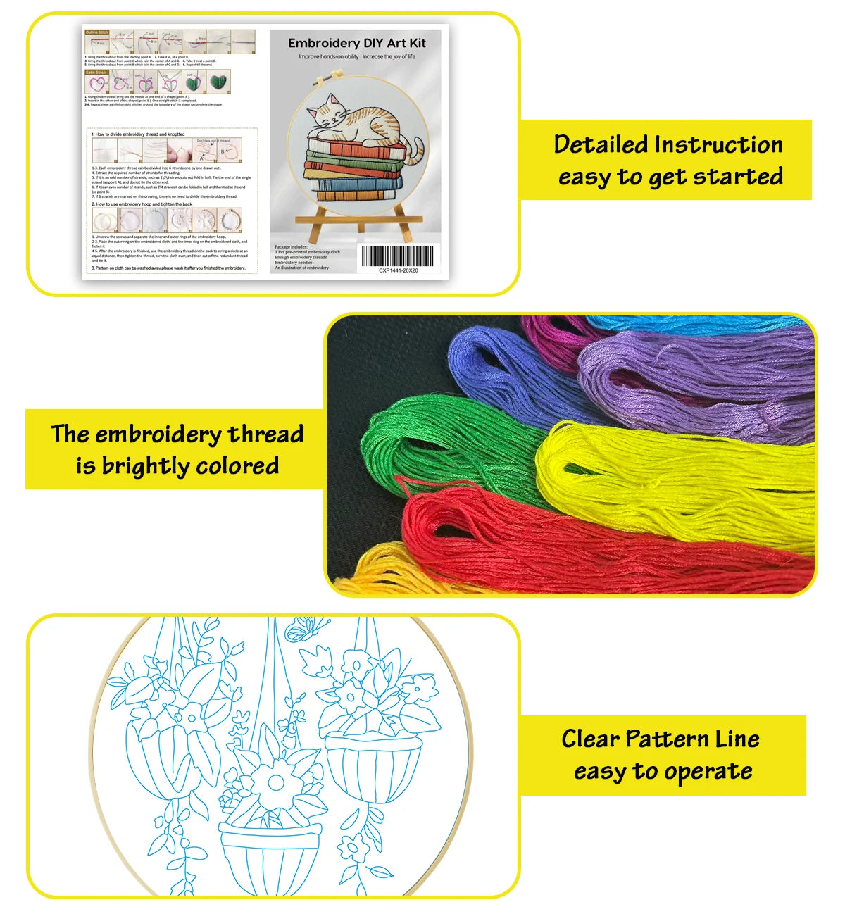 Embroidery DIY Art Kit showing a clear pattern line and brightly colored threads for cross stitch