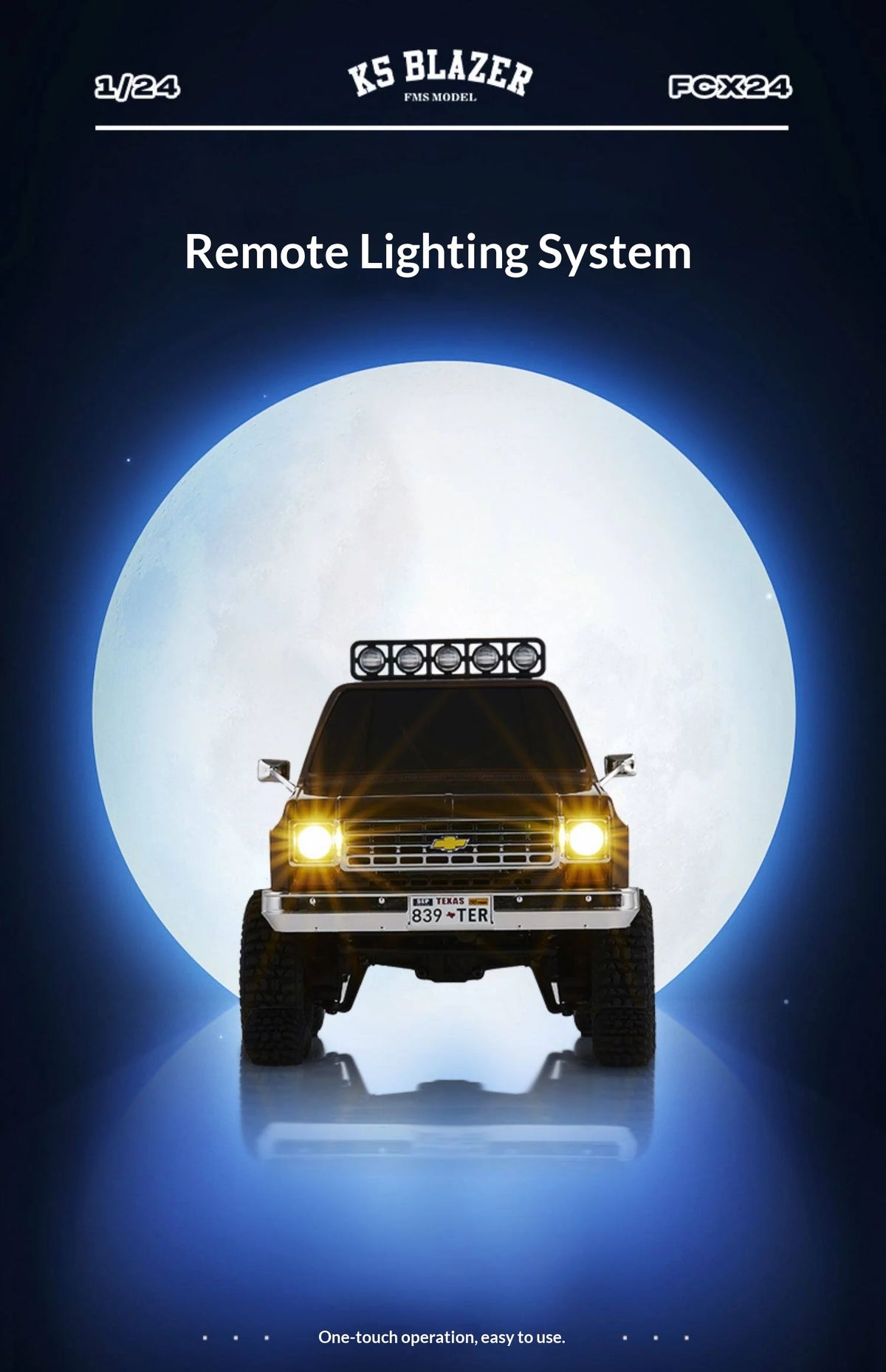A 1/24 scale Chevrolet K5 Blazer RC crawler with remote lighting system mounted on the front.