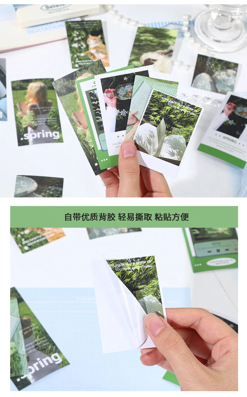 A hand is holding several green and black nature-themed stickers for a seasonal scenery variety pack.