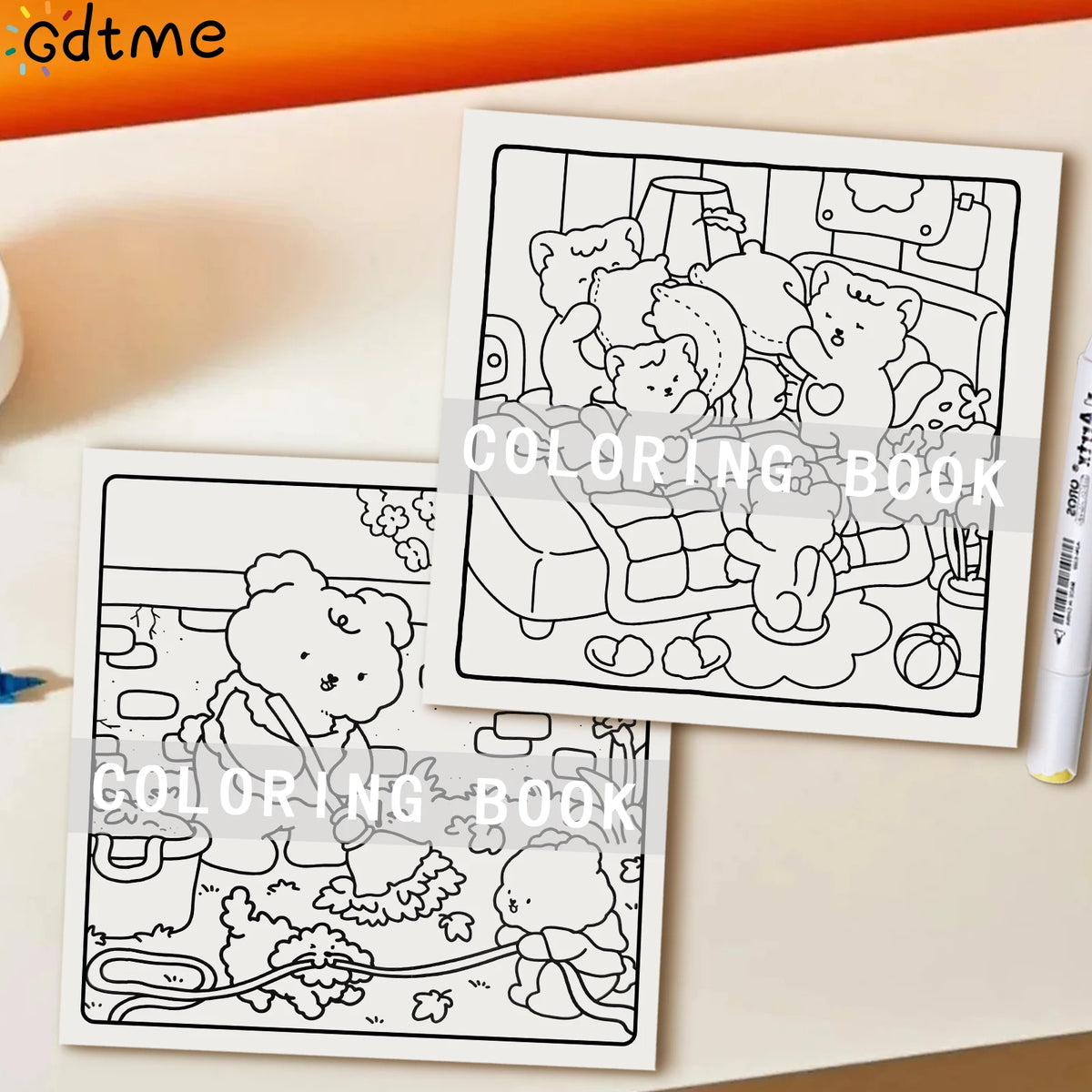 Two pages of a coloring book featuring cartoon bears and other characters for children to color.