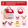A set of seven soft plush farm animals including a red carrying pouch and six small animal figures for play