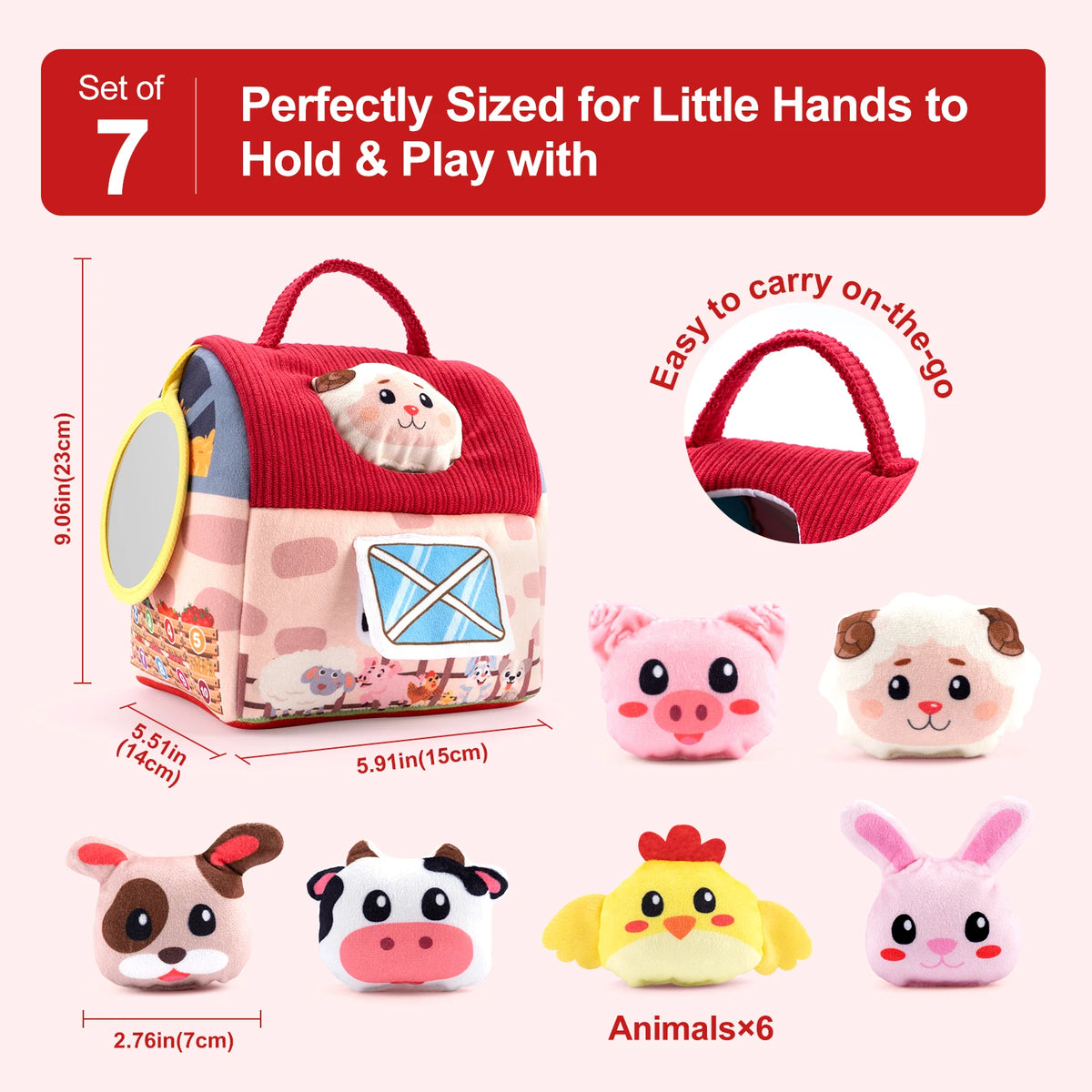 A set of seven soft plush farm animals including a red carrying pouch and six small animal figures for play