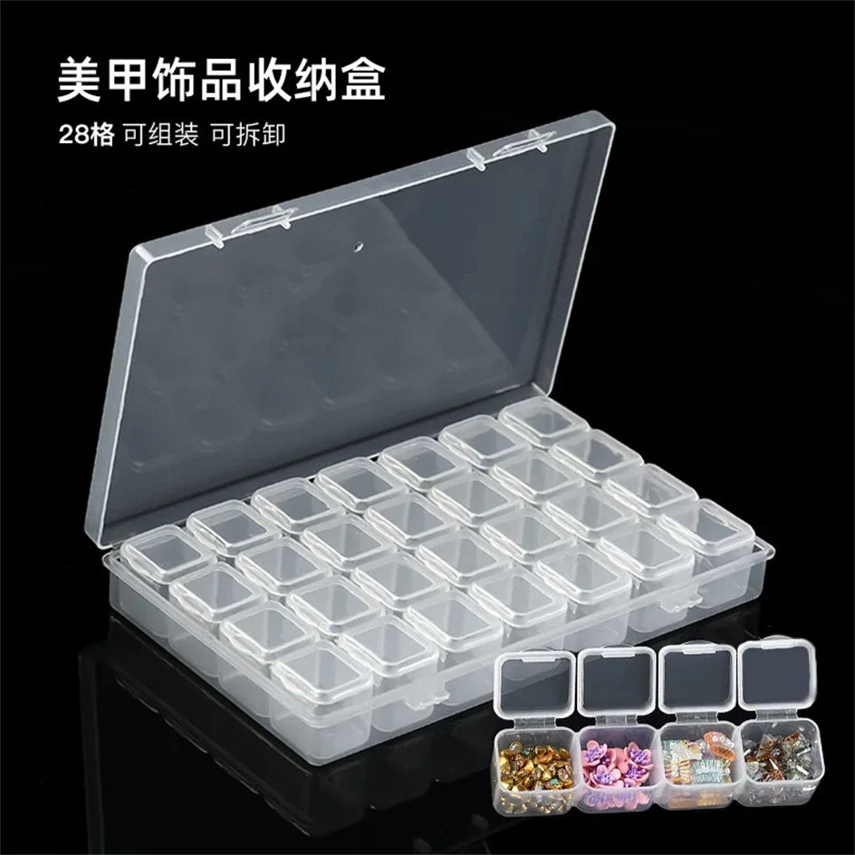 Clear storage case for 28 nails and rhinestones used in nail art