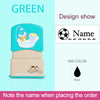 A light blue waterproof labeling stamp with a custom name design and black ink.