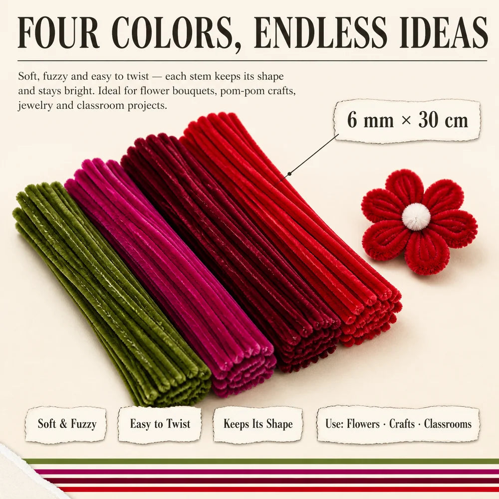A set of four colors of soft fuzzy stems used for flowers, crafts, and classroom projects.