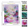 Diamond painting kit featuring a pink and green floral landscape on a square canvas
