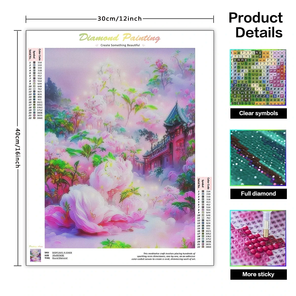 Diamond painting kit featuring a pink and green floral landscape on a square canvas