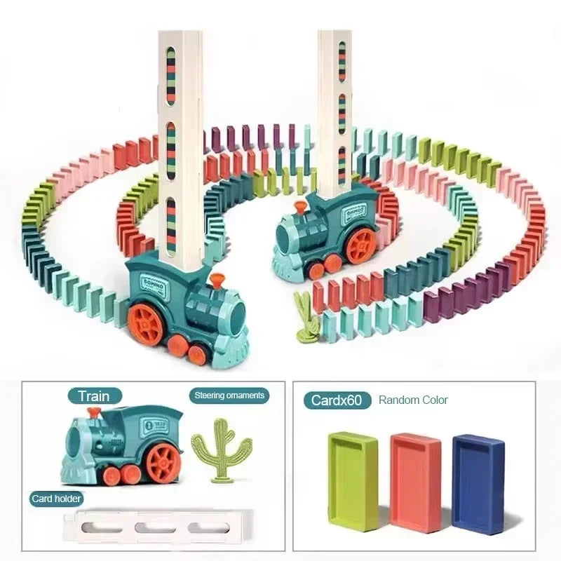 Automatic domino train toy featuring colorful blocks and card holders for building trains