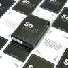A collection of So Cards conversation starters for deeper discussions, showing various cards and a box.