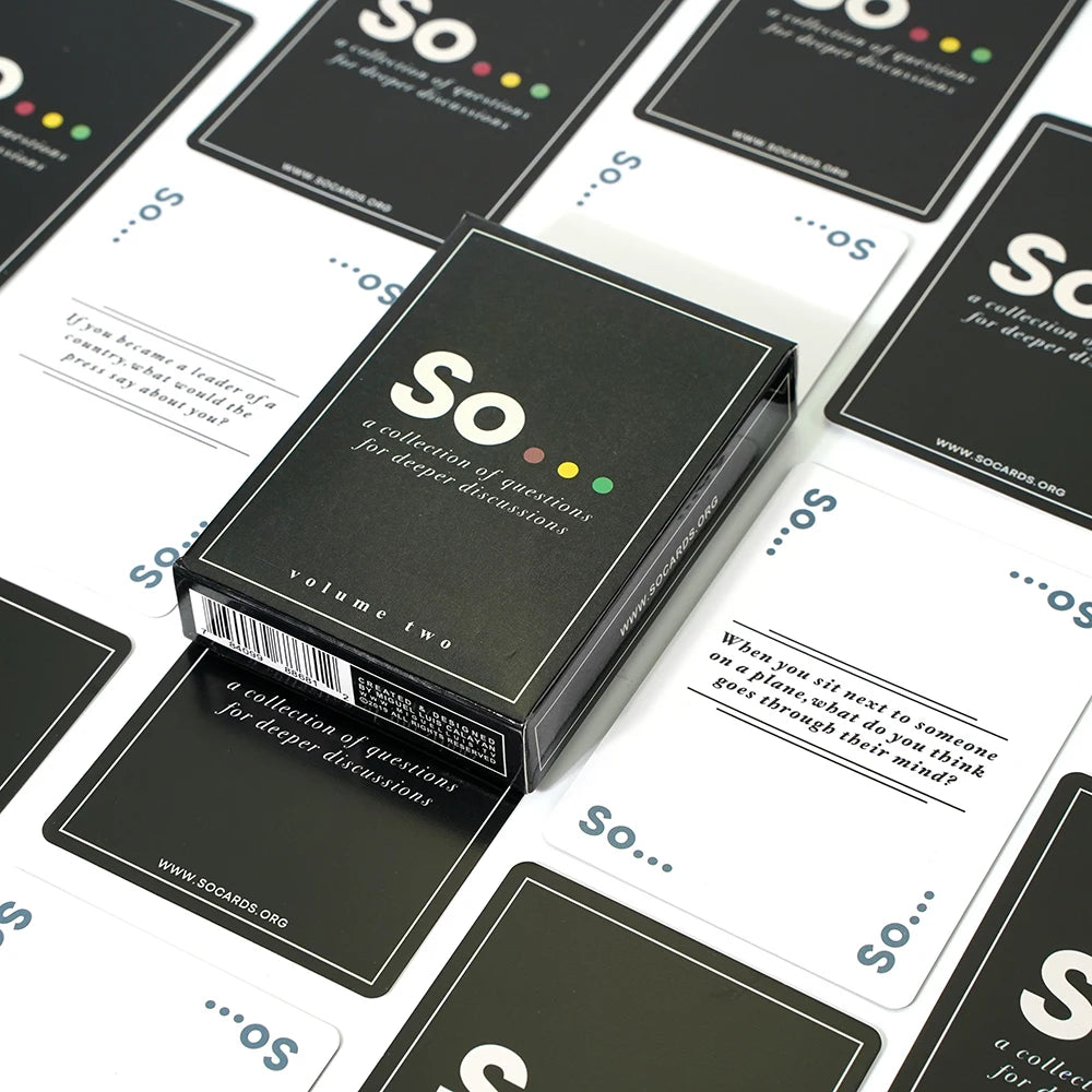 A collection of So Cards conversation starters for deeper discussions, showing various cards and a box.