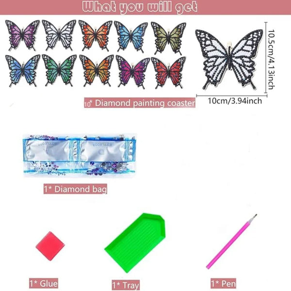 Ti sommerfugl-diamantmaleri-underlag, diamantpose, lim, brett og penn.