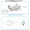 A white remote control chameleon toy demonstrating three modes: color change, target aiming, and feeding.