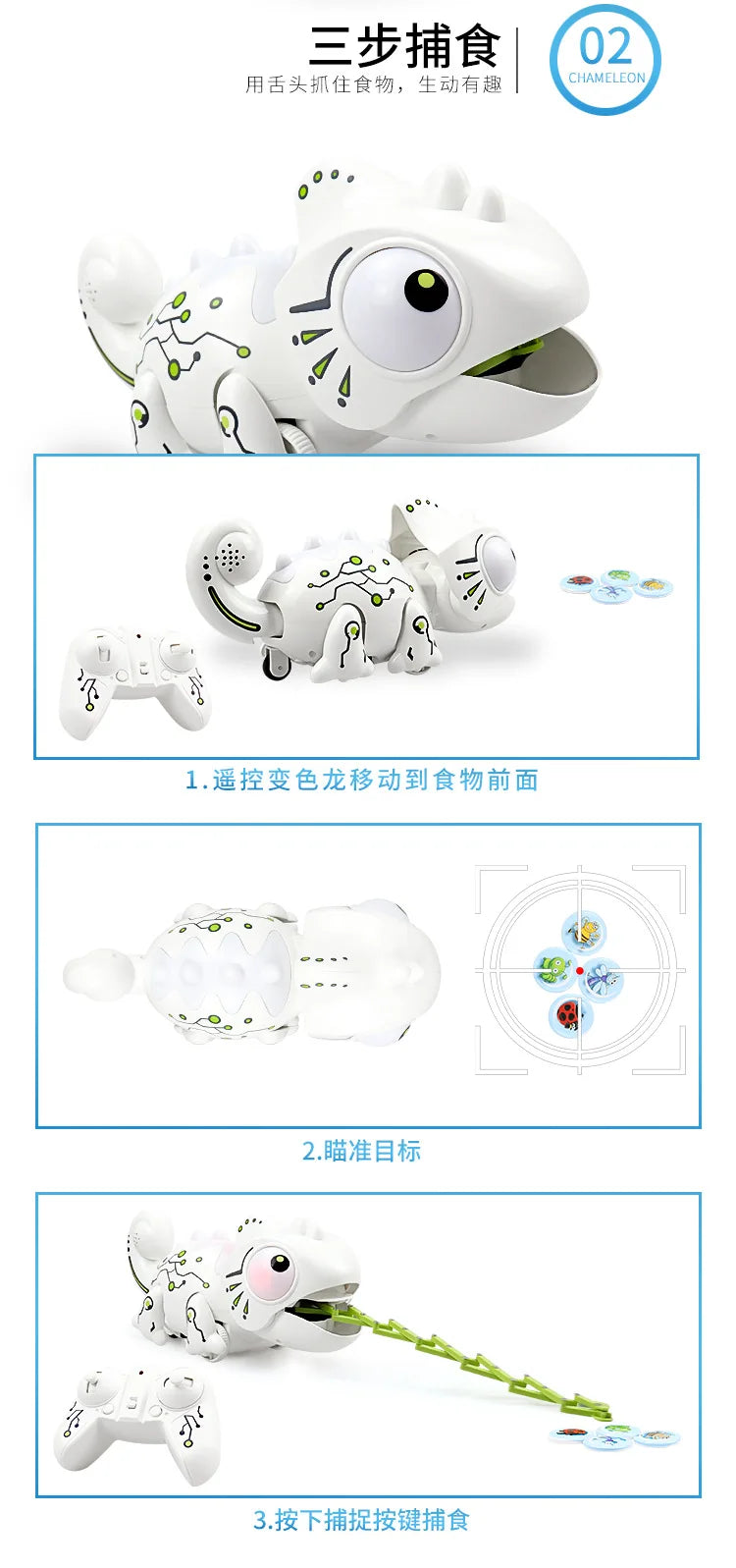 A white remote control chameleon toy demonstrating three modes: color change, target aiming, and feeding.
