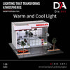 A 1:64 scale model of a two-story car showroom and parking garage display case with cars inside.