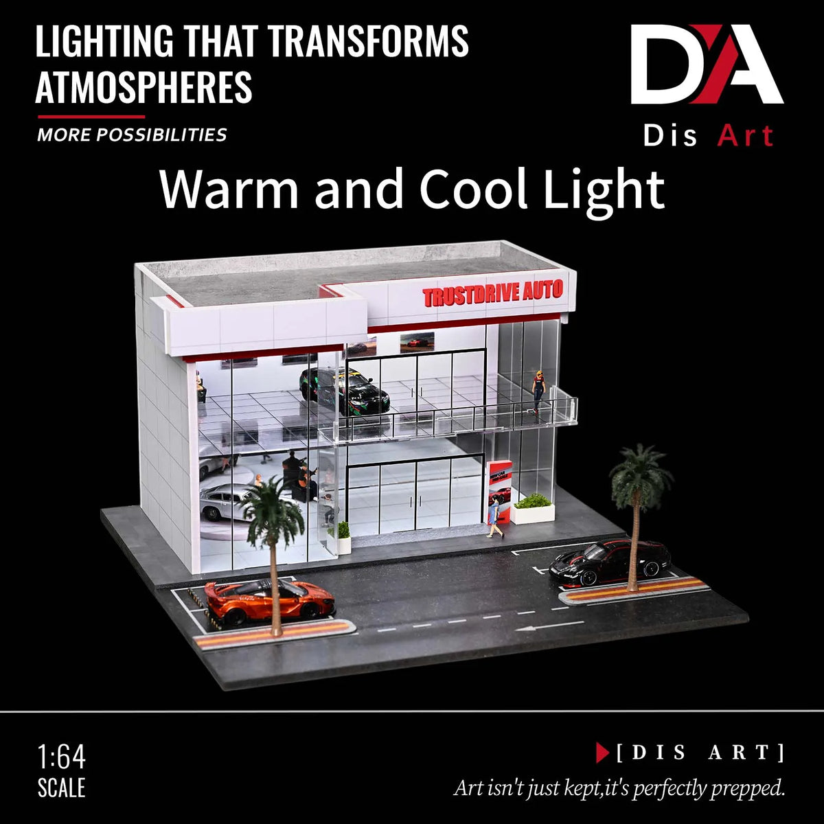 A 1:64 scale model of a two-story car showroom and parking garage display case with cars inside.
