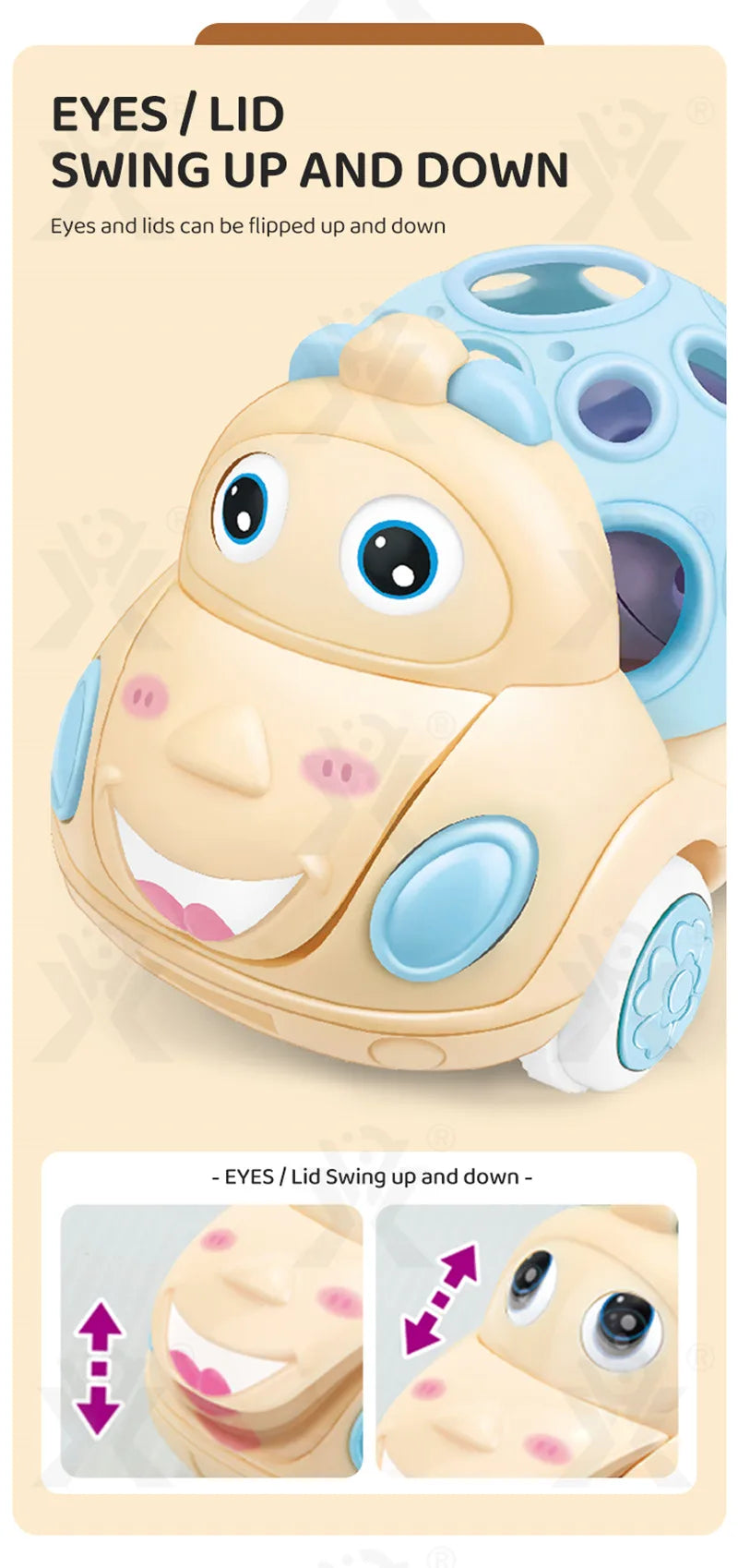 A light beige rubber toy featuring an eye and lid swing up and down mechanism for babies.